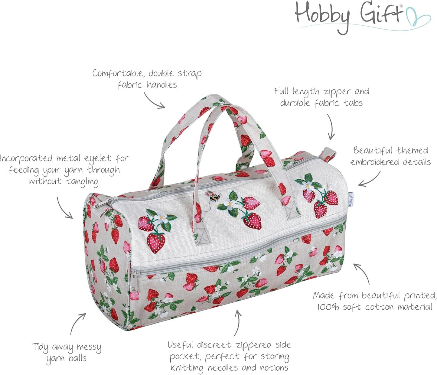 Hobby Gift Large Yarn Holder Wool Storage Bag-Zipper Compartment Natural Strawberries, 16.5 x 45 x 19.5cm