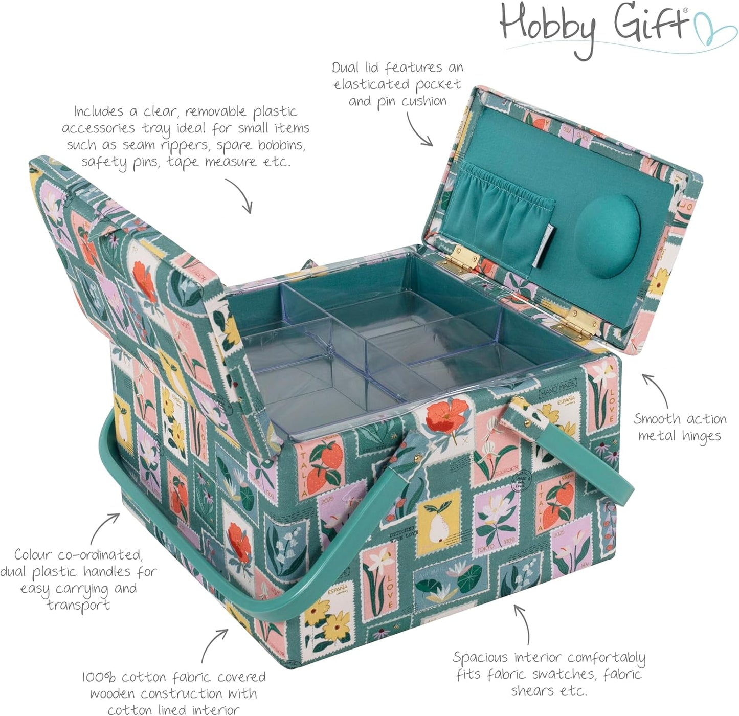 Hobby Gift Sewing Box (L) Twin Lid Square Embroidered Stamps