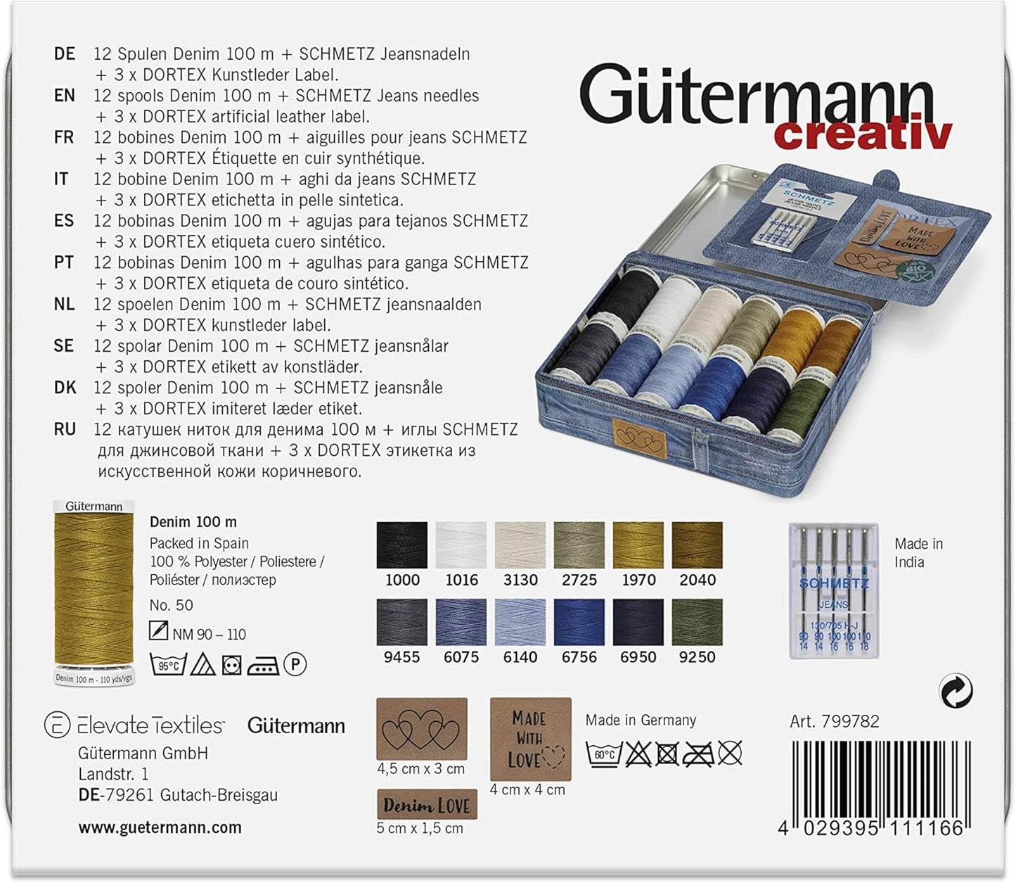 Gutermann Thread Storage Tin Denim Thread with Needles and Labels 12 x 100m: Assorted