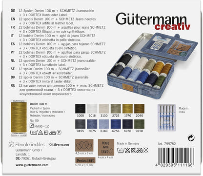 Gutermann Thread Storage Tin Denim Thread with Needles and Labels 12 x 100m: Assorted
