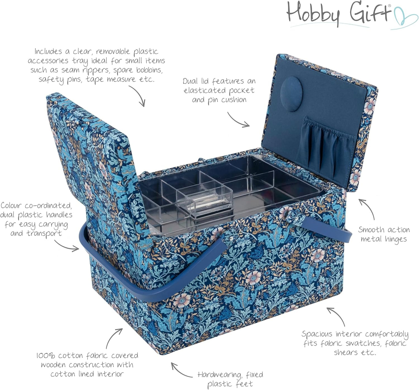 Hobby Gift Sewing Box (L) Twin Lid Woodblock Floral