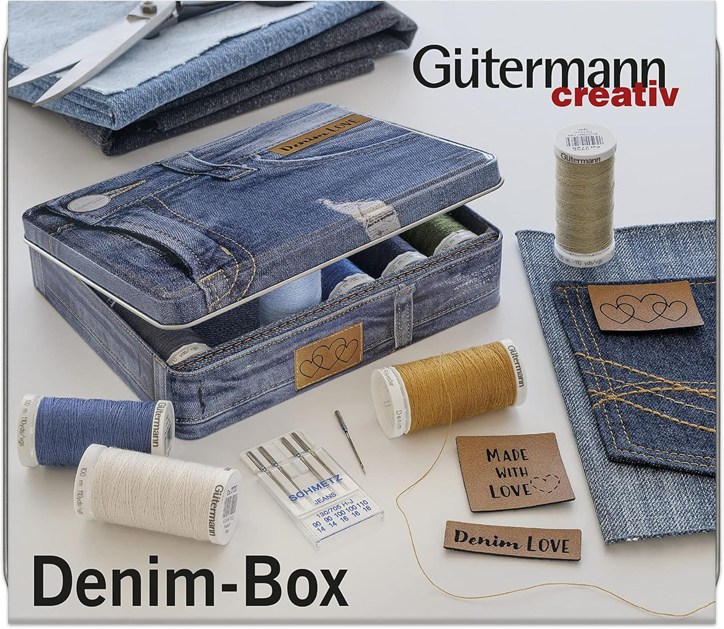 Gutermann Thread Storage Tin Denim Thread with Needles and Labels 12 x 100m: Assorted