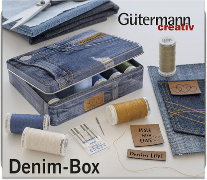 Gutermann Thread Storage Tin Denim Thread with Needles and Labels 12 x 100m: Assorted