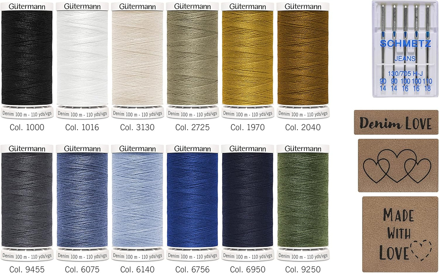 Gutermann Thread Storage Tin Denim Thread with Needles and Labels 12 x 100m: Assorted