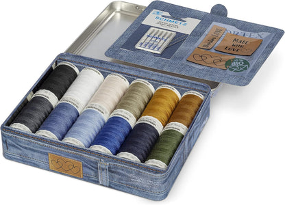 Gutermann Thread Storage Tin Denim Thread with Needles and Labels 12 x 100m: Assorted