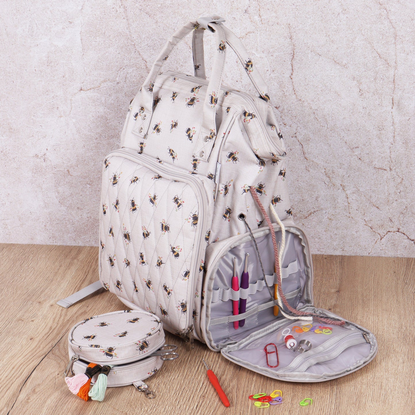 Hobby gift Craft Storage Backpack: Bee Durable & Waterproof Yarn Storage Rucksack with Multiple Compartments