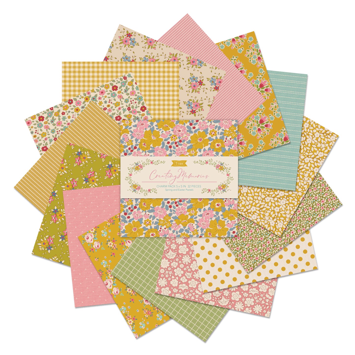 Tilda Fabric: Charm Pack: Permanent: Creating Memories: 12.5 x 12.5cm: Spring: 32 Pieces