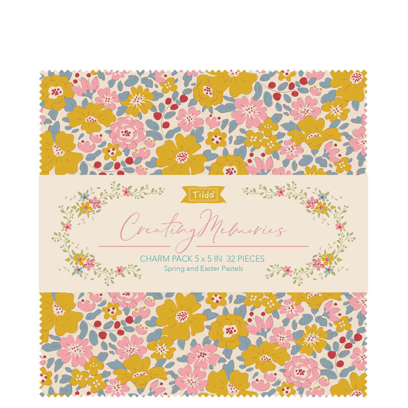 Tilda Fabric: Charm Pack: Permanent: Creating Memories: 12.5 x 12.5cm: Spring: 32 Pieces