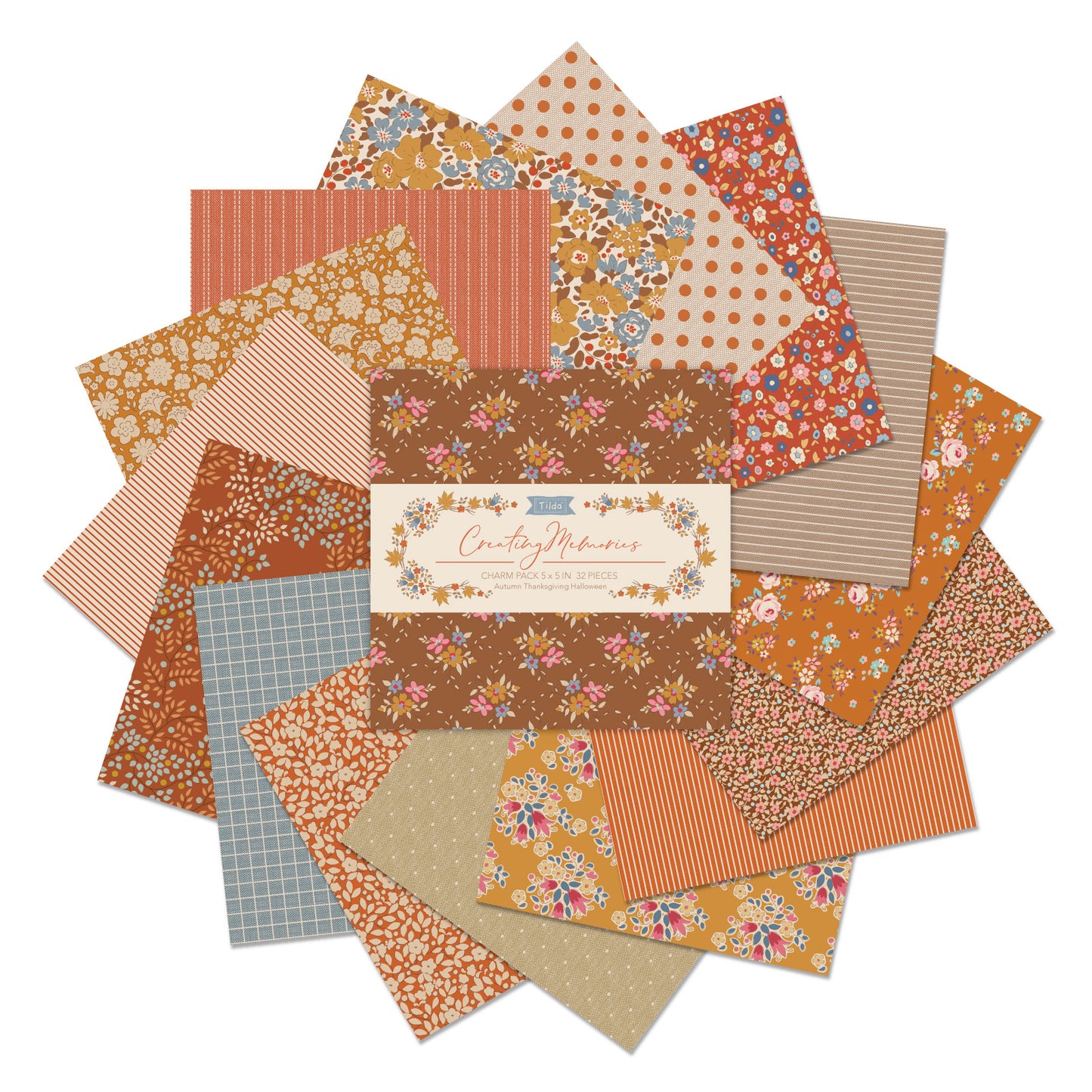 Tilda Fabric: Charm Pack: Permanent: Creating Memories: 12.5 x 12.5cm: Autumn: 32 Pieces