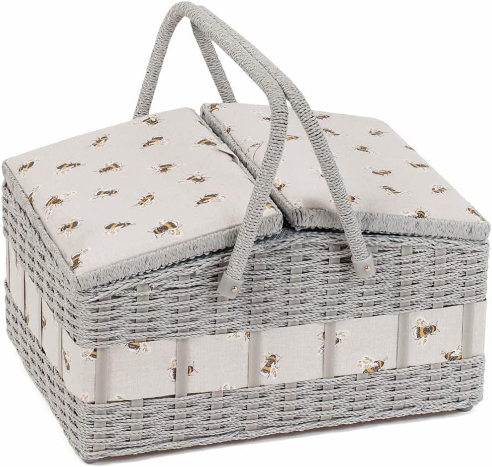 Hobby Gift Twin Lid Hamper Style Faux Wicker Sewing Hobby Storage Box, Bee