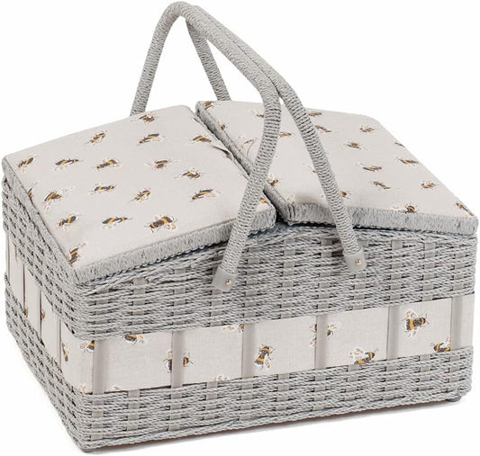 Hobby Gift Twin Lid Hamper Style Faux Wicker Sewing Hobby Storage Box, Bee