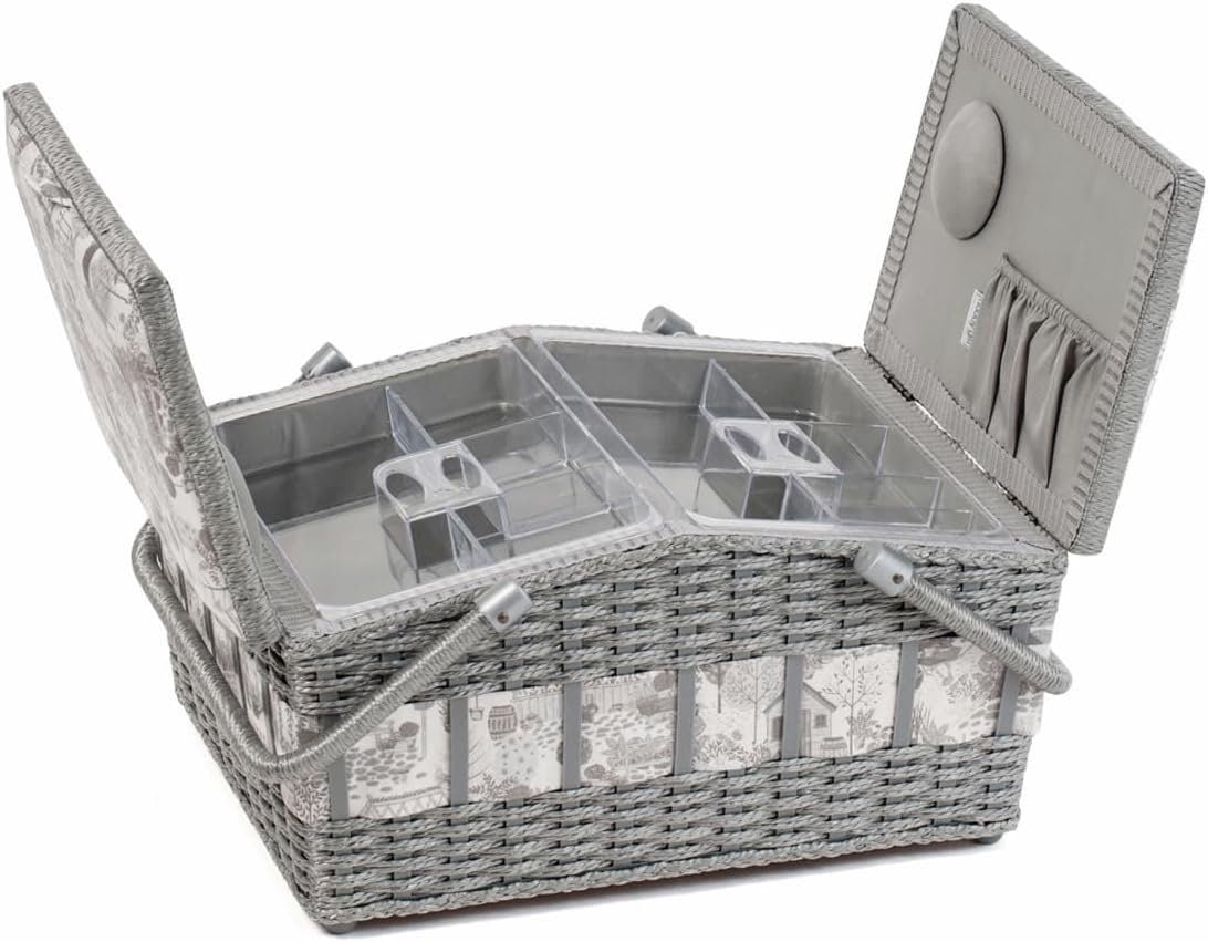 Hobby Gift Twin Lid Sewing Craft Hobby Storage Box, Wicker Basket Style, In the Garden