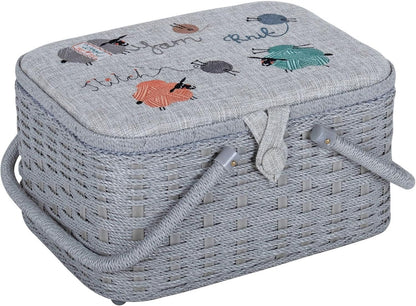 Hobby Gift Sewing Craft Hobby Storage Box, Wicker Basket Style with Embroidered Lid, Knit Happens