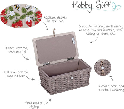 Hobby Gift Small Sewing Craft Hobby Storage Box Wicker Basket with Appliqué Design Natural Strawberries