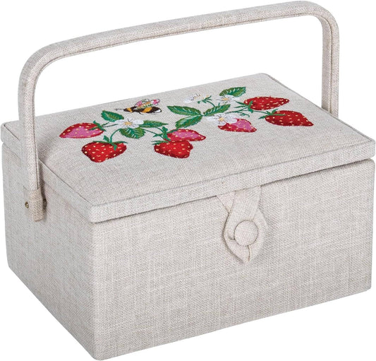 Hobby Gift Medium Sewing Craft Hobby Storage Box Embroidered Natural Strawberries