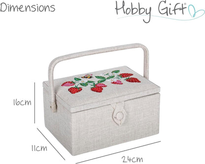 Hobby Gift Medium Sewing Craft Hobby Storage Box Embroidered Natural Strawberries