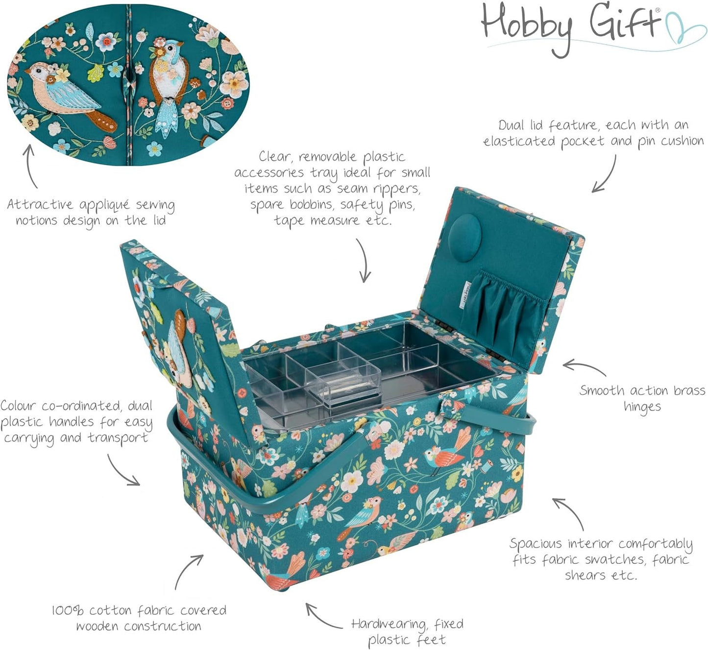 Hobby Gift Large Twin Lid Sewing Craft Storage Box Bird Aviary 21 x 30.5 x 19.5cm