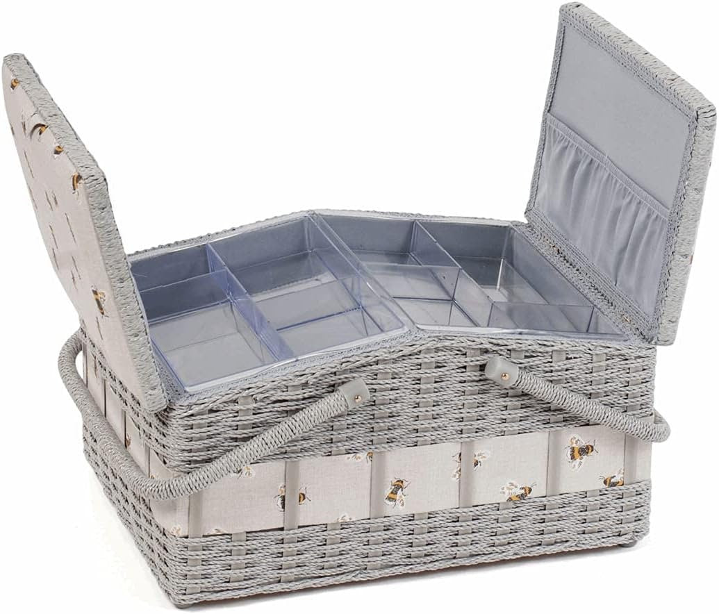 Hobby Gift Twin Lid Hamper Style Faux Wicker Sewing Hobby Storage Box, Bee