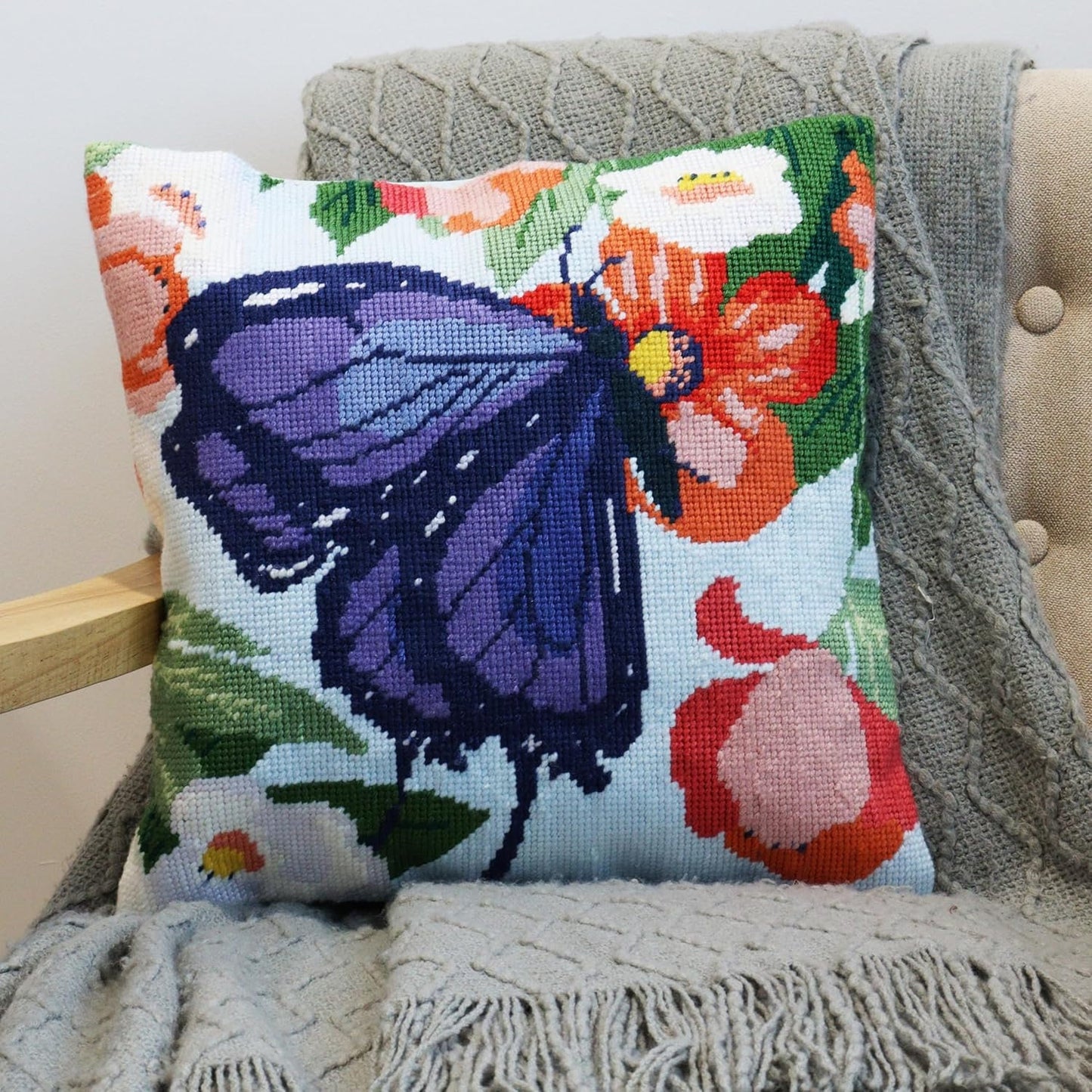 Trimits Half Stitch Cross Stitch Cushion Kit, Cushion Back Included, Pre Printed Canvas, Yarn and Needle Included 40 x 40cm, Butterfly