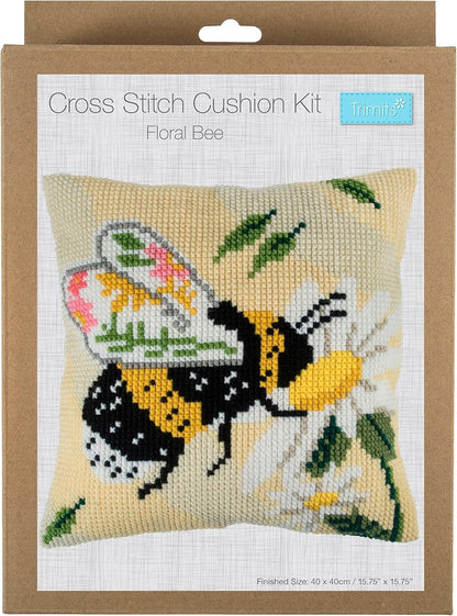 Trimits Cross Stitch Cushion Kit, Cushion Back Included, Pre Printed Canvas, Yarn and Needle Included 40 x 40cm , Floral Bee