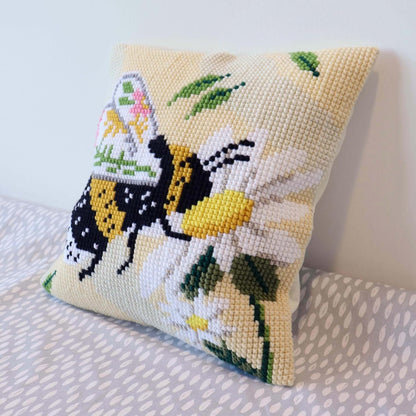 Trimits Cross Stitch Cushion Kit, Cushion Back Included, Pre Printed Canvas, Yarn and Needle Included 40 x 40cm , Floral Bee