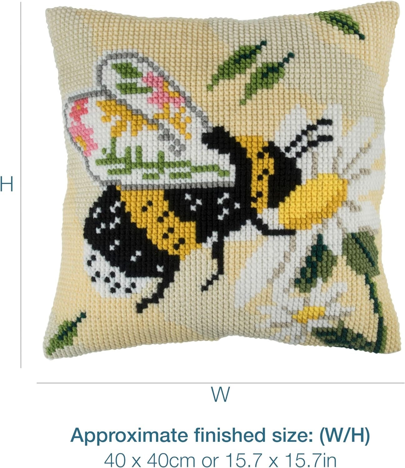 Trimits Cross Stitch Cushion Kit, Cushion Back Included, Pre Printed Canvas, Yarn and Needle Included 40 x 40cm , Floral Bee