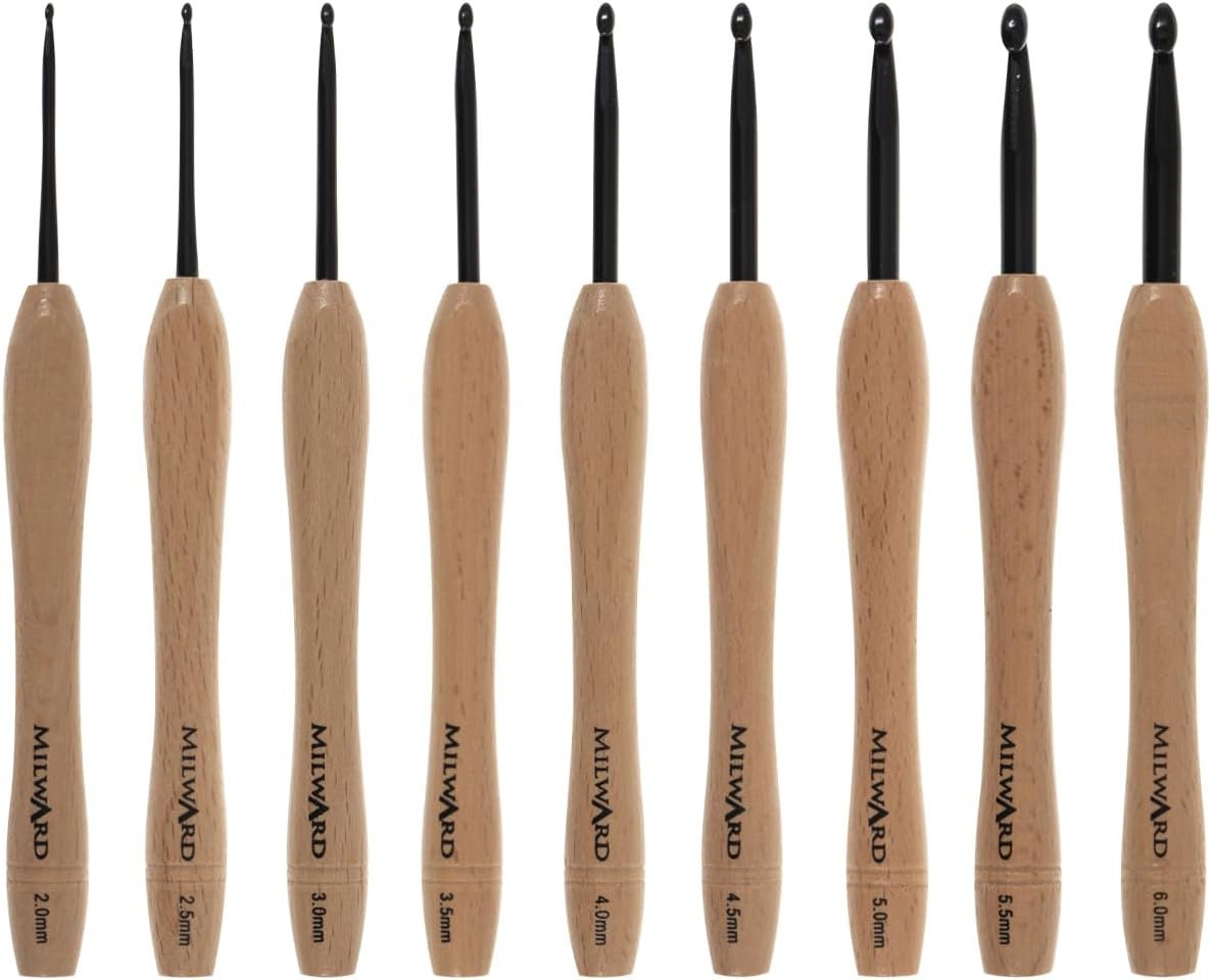 Milward Crochet Hook Set Beech Wooden Handle 14cm x 2.5 - 5.0mm Pack of 9