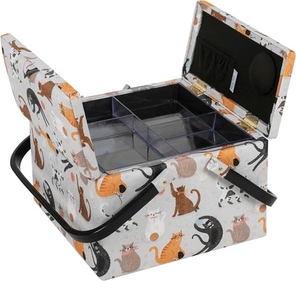 Hobby Gift Large Sewing Craft Hobby Storage Box, Twin Lid, Square, 25 x 25 x 17cm, Cats