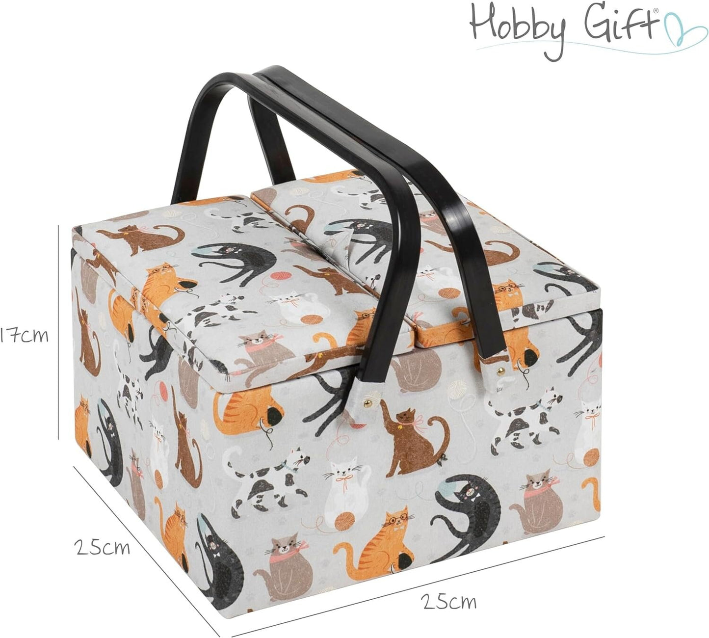 Hobby Gift Large Sewing Craft Hobby Storage Box, Twin Lid, Square, 25 x 25 x 17cm, Cats