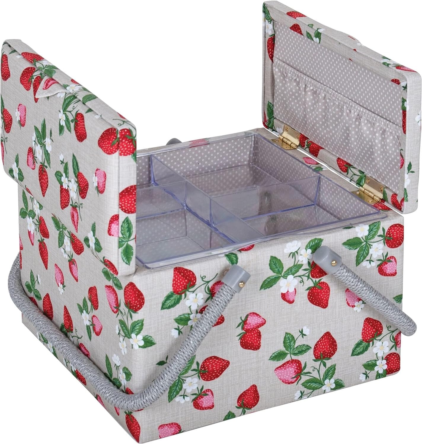 Hobby Gift Large Sewing Craft Hobby Storage Box, Twin Lid, Square, Natural Strawberries