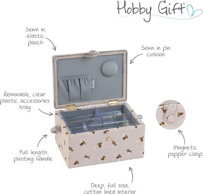 Hobby Gift Medium Sewing Craft Hobby Storage Box, Embroidered Sewing Bee