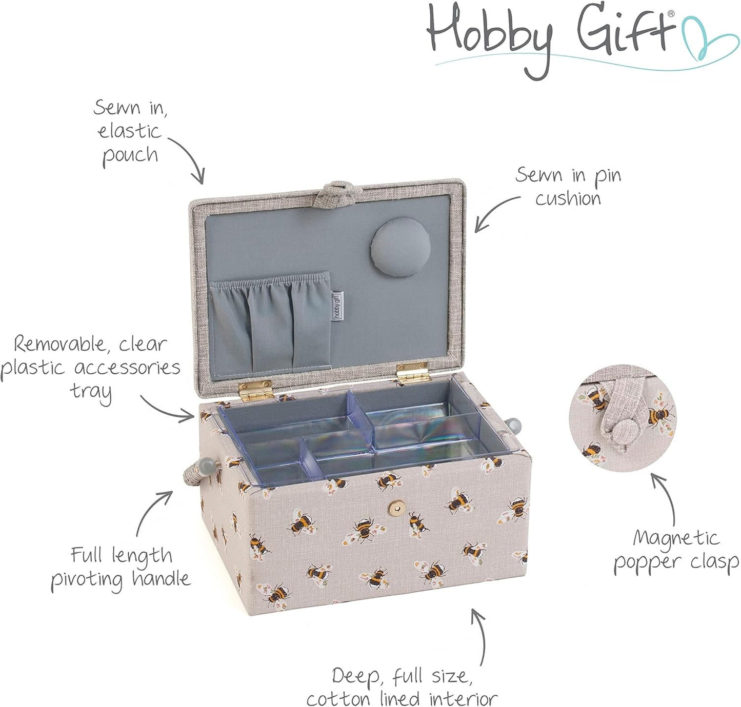 Hobby Gift Medium Sewing Craft Hobby Storage Box, Embroidered Bee Happy