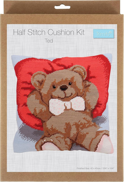 Trimits Half Stitch Cross Stitch Cushion Kit, Cushion Back Included, Pre Printed Canvas, Yarn and Needle Included 40 x 40cm , Ted