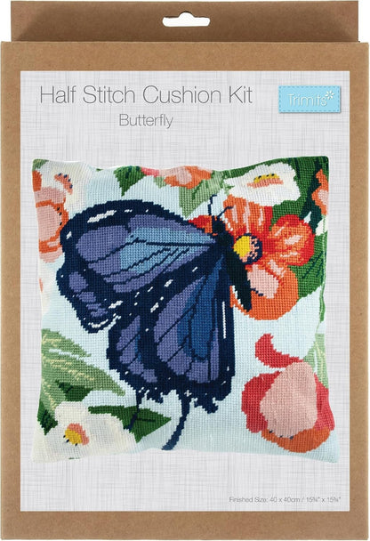 Trimits Half Stitch Cross Stitch Cushion Kit, Cushion Back Included, Pre Printed Canvas, Yarn and Needle Included 40 x 40cm, Butterfly