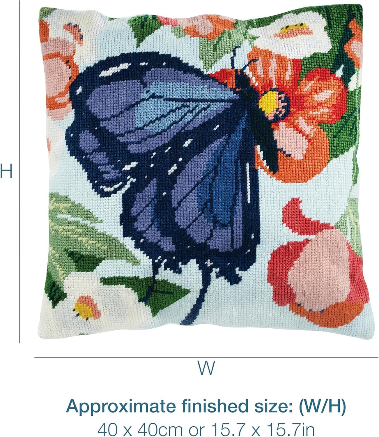 Trimits Half Stitch Cross Stitch Cushion Kit, Cushion Back Included, Pre Printed Canvas, Yarn and Needle Included 40 x 40cm, Butterfly