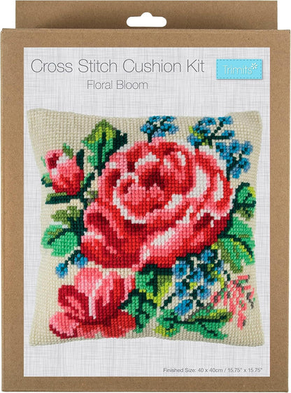 Trimits Cross Stitch Cushion Kit, Cushion Back Included, Pre Printed Canvas, Yarn and Needle Included 40 x 40cm, Floral Bloom