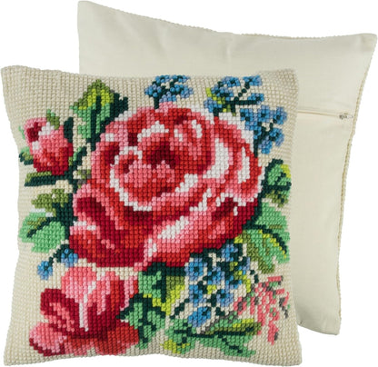 Trimits Cross Stitch Cushion Kit, Cushion Back Included, Pre Printed Canvas, Yarn and Needle Included 40 x 40cm, Floral Bloom