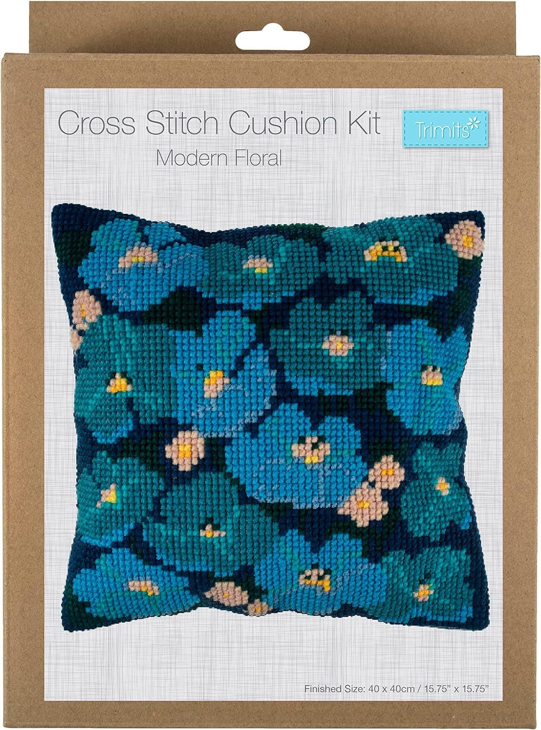 Trimits Cross Stitch Cushion Kit, Cushion Back Included, Pre Printed Canvas, Yarn and Needle Included 40 x 40cm ), Modern Floral