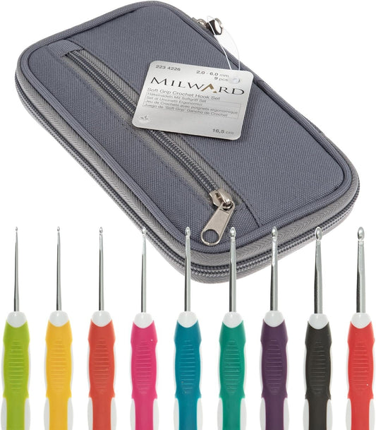 Milward Crochet Hook Set - Soft Grip Colour Coded Handles 2,2.5,3,3.5,4,4.5,5,5.5 and 6mm, Cotton Hard Zippered Case, Grey