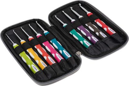 Milward Crochet Hook Set - Soft Grip Colour Coded Handles 2,2.5,3,3.5,4,4.5,5,5.5 and 6mm, Cotton Hard Zippered Case, Grey