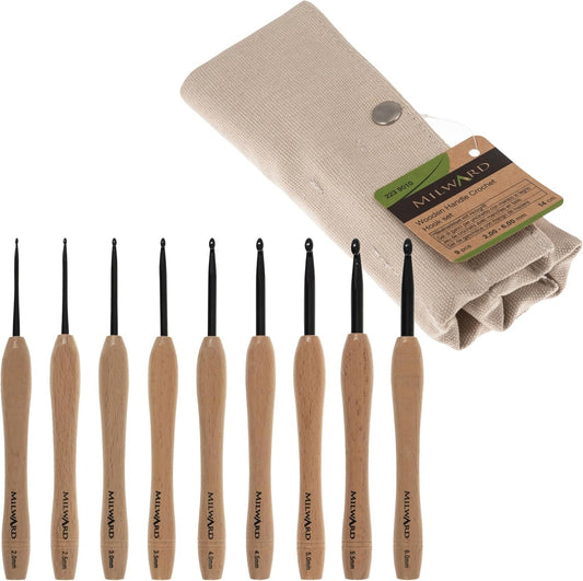 Milward Crochet Hook Set Beech Wooden Handle 14cm x 2.5 - 5.0mm Pack of 9