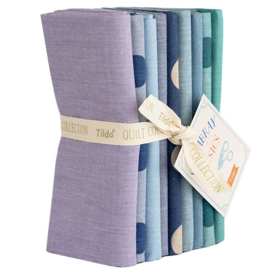 Tilda Fabric Fat Quarters Permanent Chambray 50 x 55cm Summer Blues: Bundle of 9