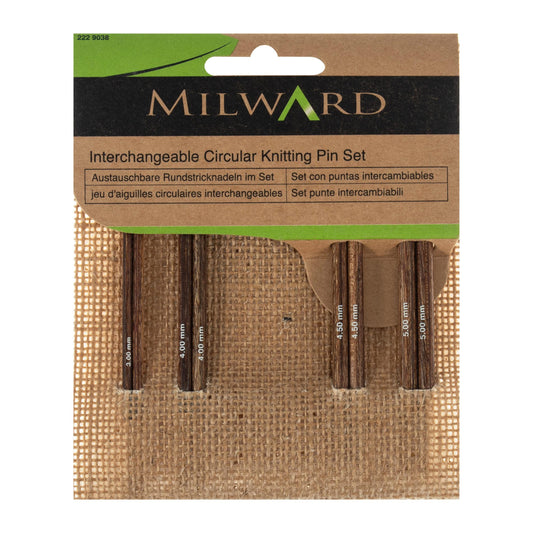 Milward Knitting Pins Circular Interchangeable Set 4 Pairs in a Jute Case 10.5cm x Assorted