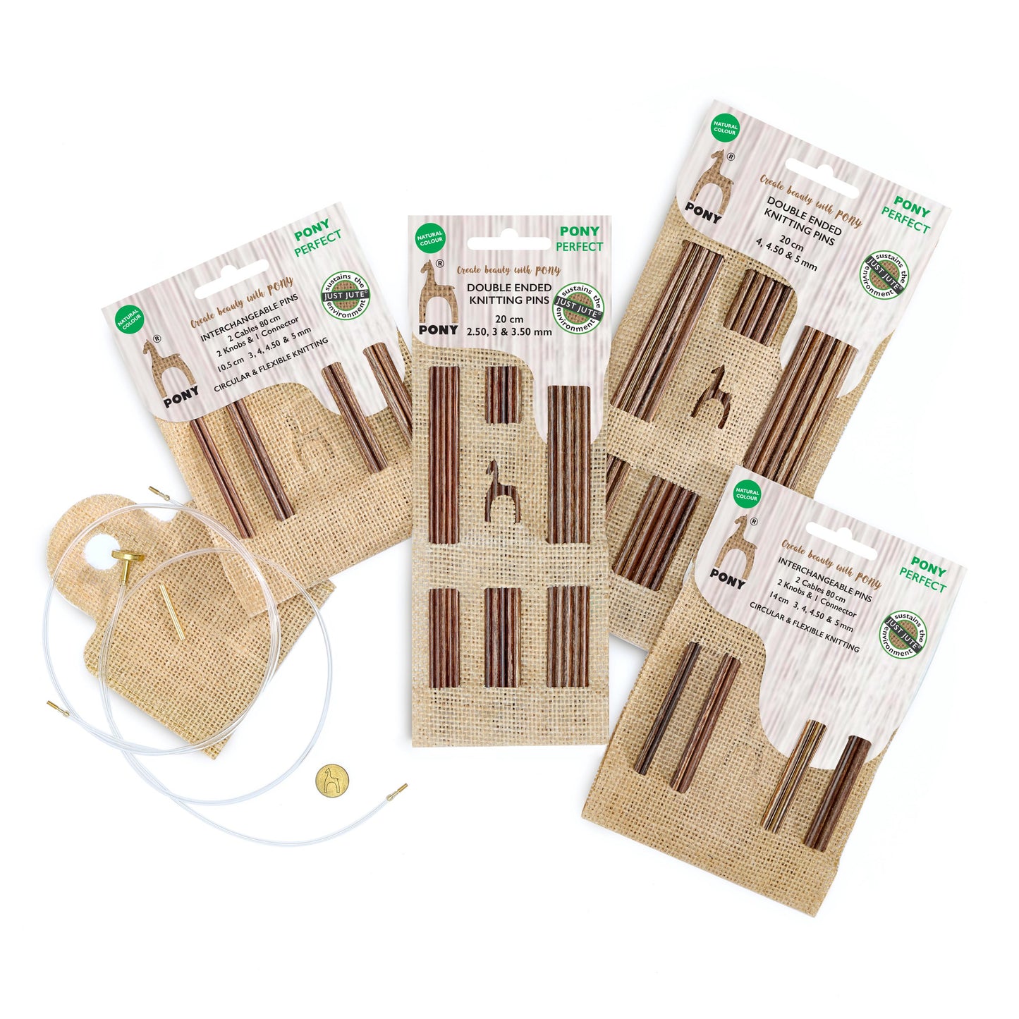 Pony Knitting Pins Double-Ended Perfect 3 Sets of 5 in Jute Case 20cm x Assorted